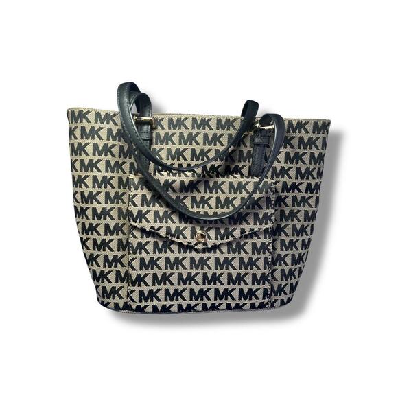 Michael Kors Monogram MK Medium Jet Set Tote Bag Khaki Canvas with Leather Trim - Picture 1 of 9